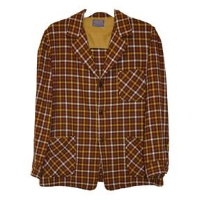 Pendleton Blazer Jacket  Mens L Brown Black Beige Plaid Wool Vintage USA‎